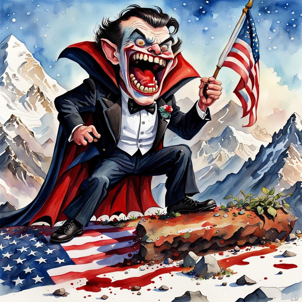 Extreme wide shot of (one traditional cartoon vampire:5.0) with large fangs, wearing a black tuxedo and a cape, laughing...