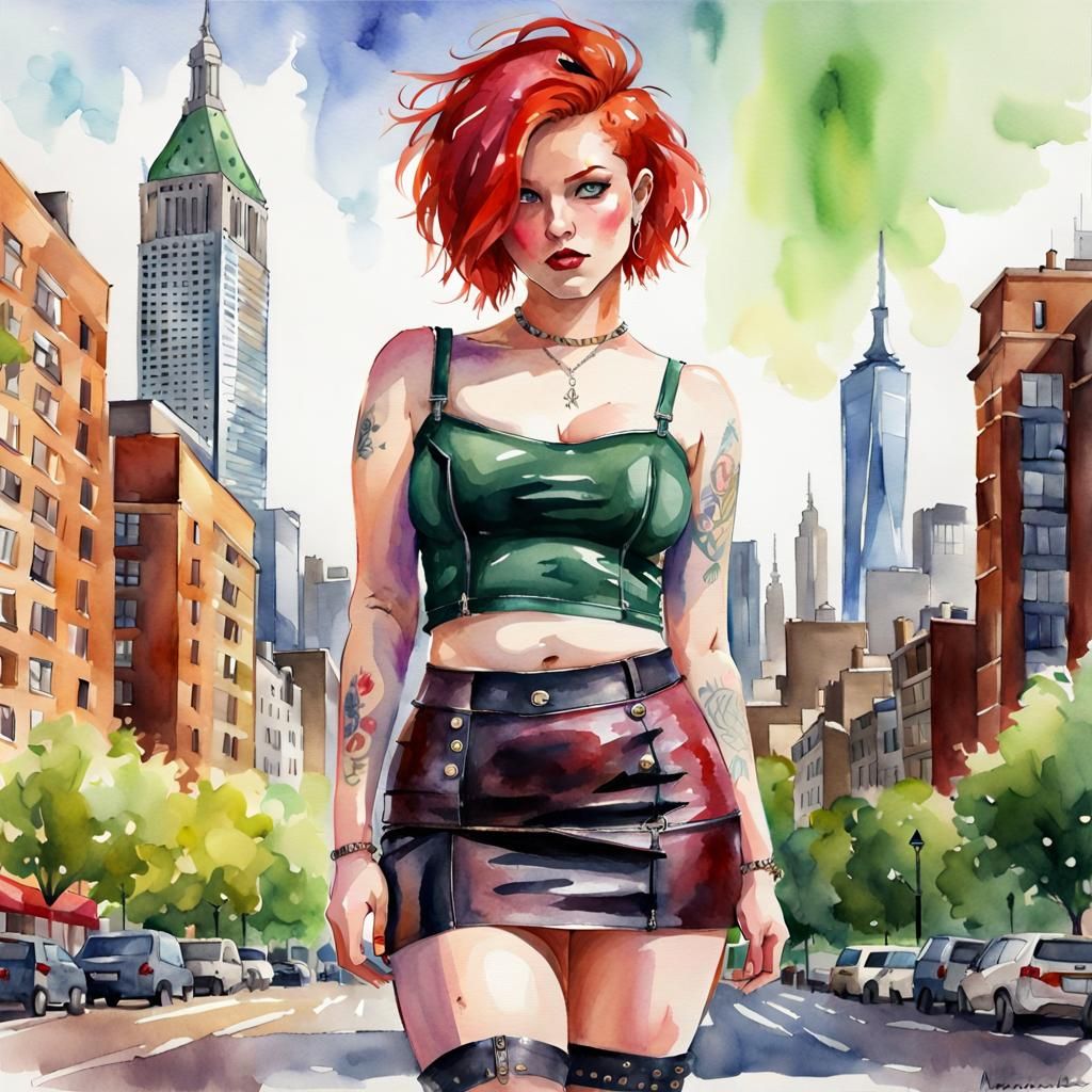 Watercolor Punk Girl with Red Hair in City