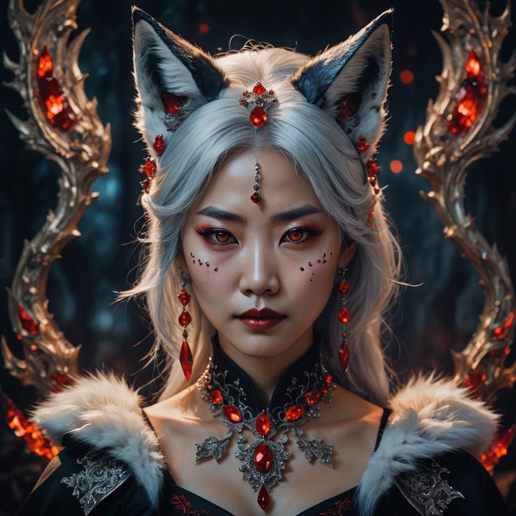 Korean Vampire Queen with Fox Ears in Dark Fantasy Style
