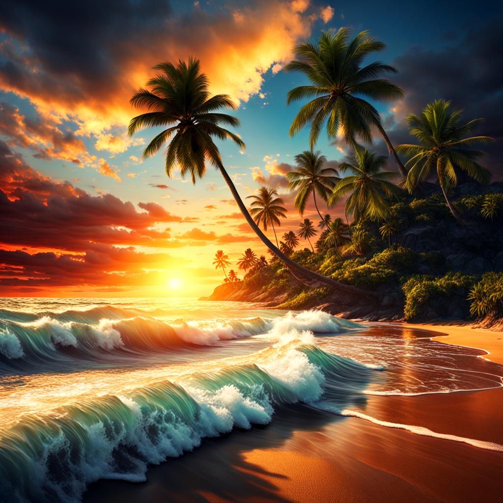 Tropical Beach Sunset Digital Matte Painting