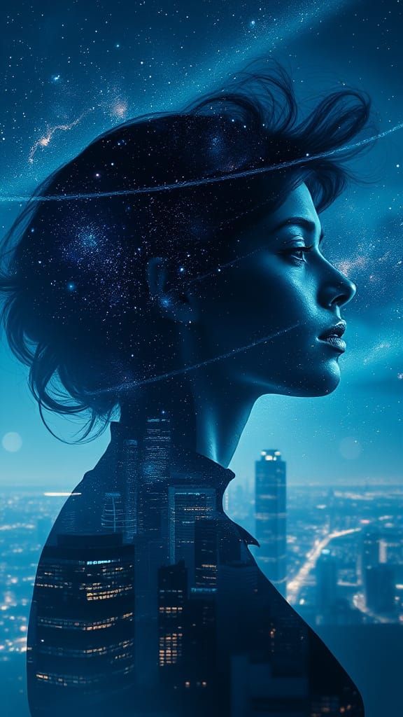 Ethereal Woman with Cosmic Stars in Double Exposure