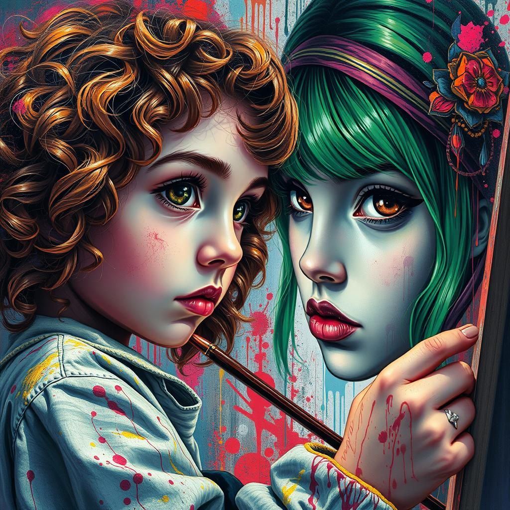 Girls Painting Portrait in Polychromatic Urban Graffiti Styl...