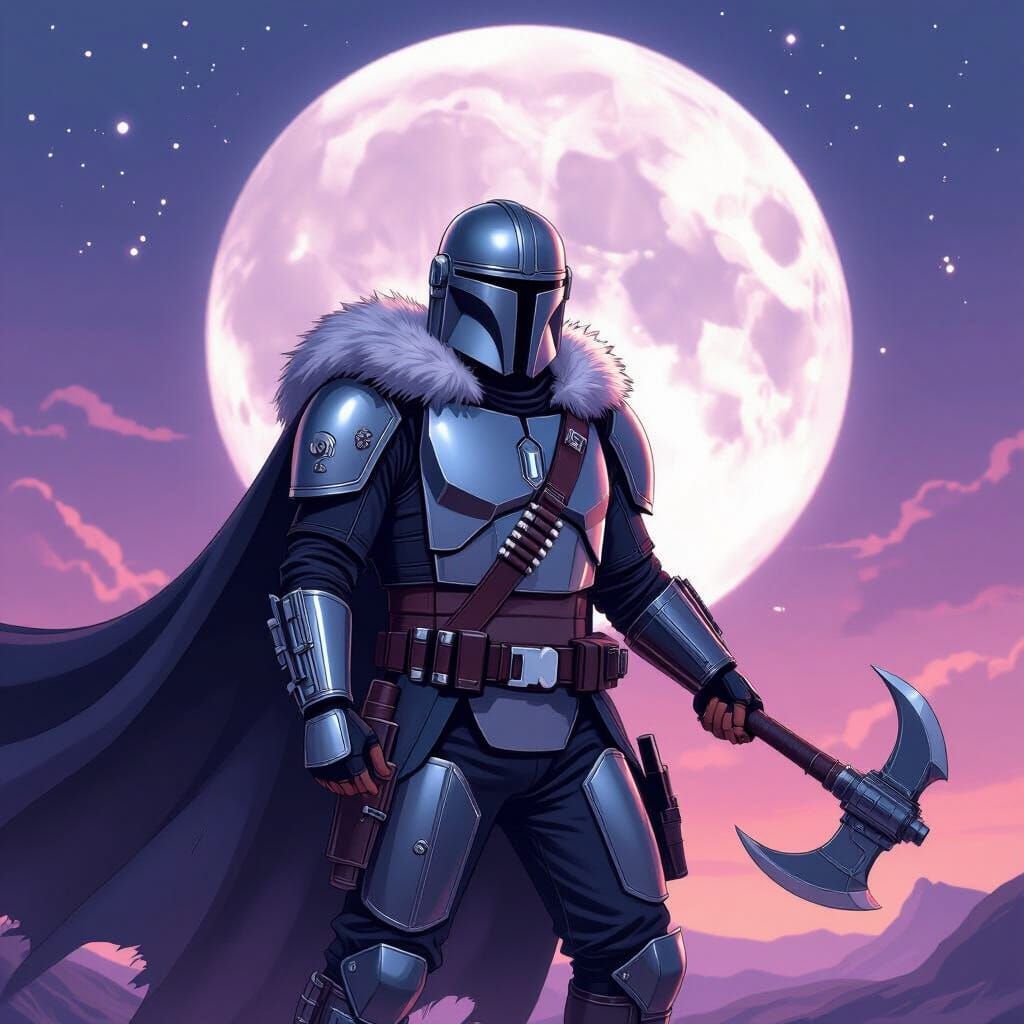 Mandalorian Warrior with Blaster Axe in Cel-Shaded Style