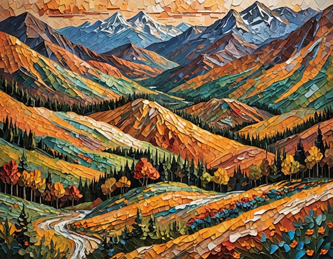 Impasto Mountain Landscape with Warm Colors