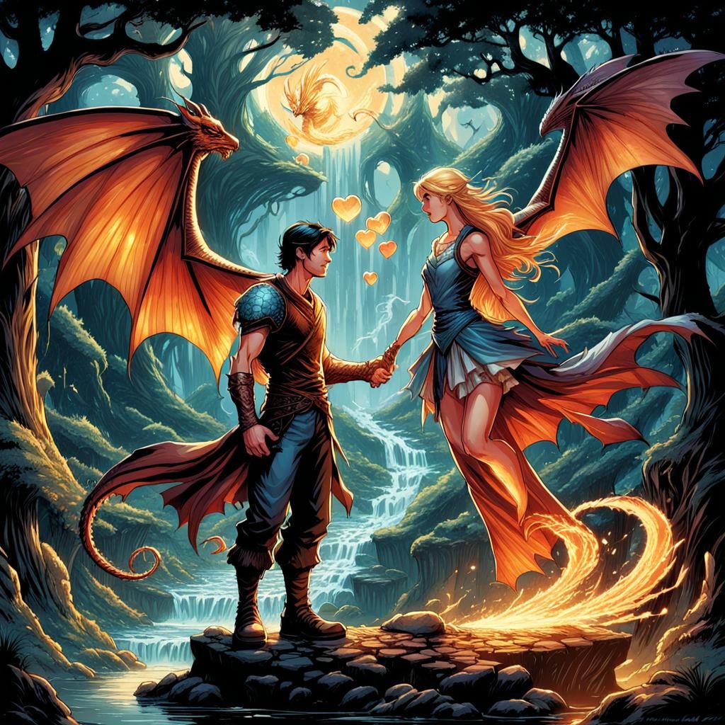 Fairy and Dragon Love in Comic Book Style