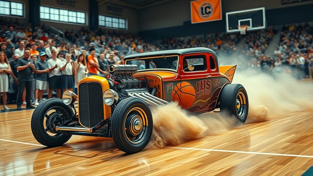 Vintage Hotrod on Basketball Court in Realistic Style