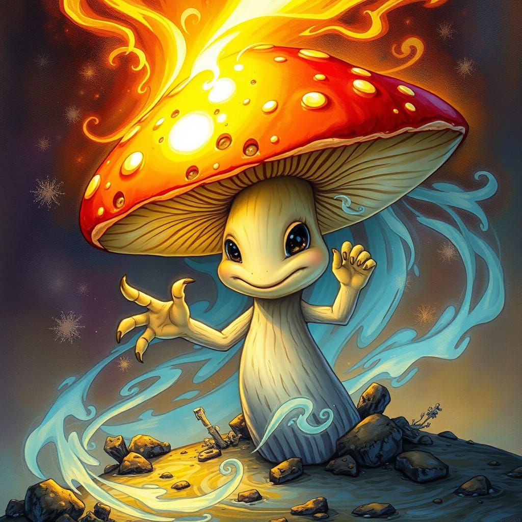 Whimsical Mushroom Mage Casting Spell in Fantasy Style