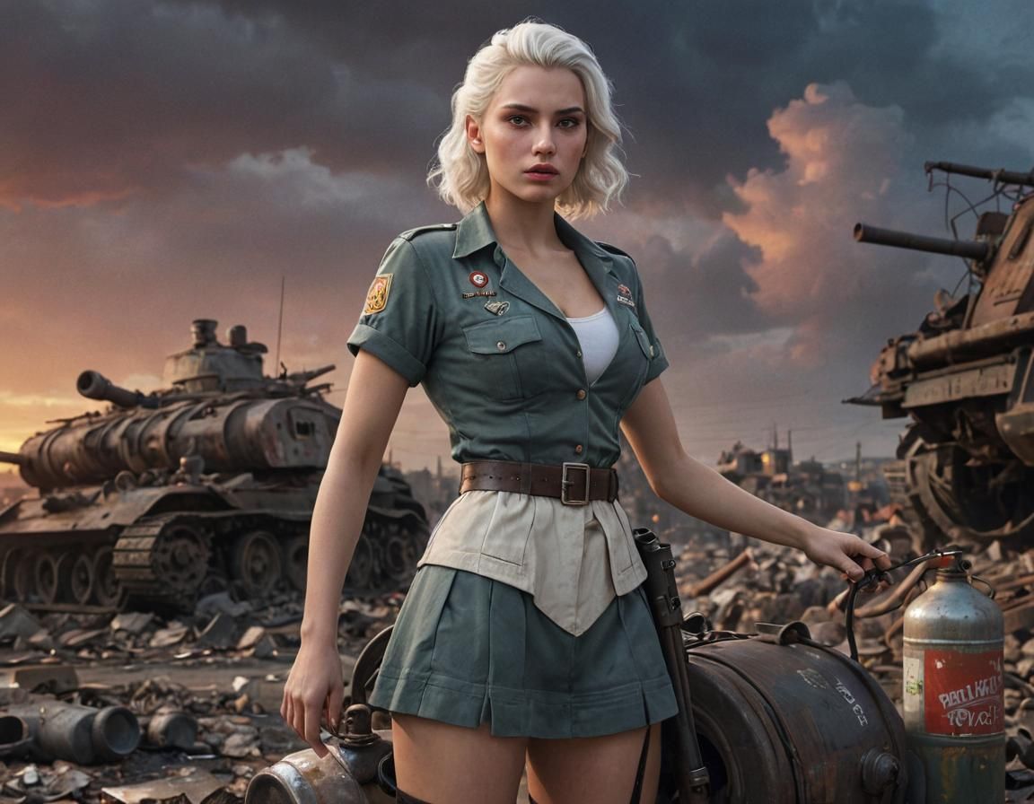 Dieselpunk Soldier and Panzer Tank at Sunset