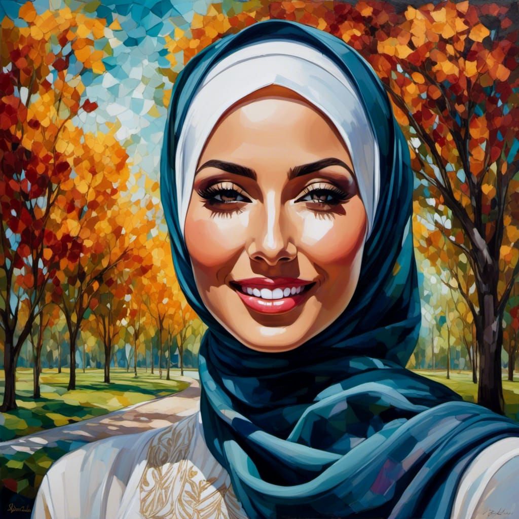 European Woman in Hijab: Detailed Oil Painting