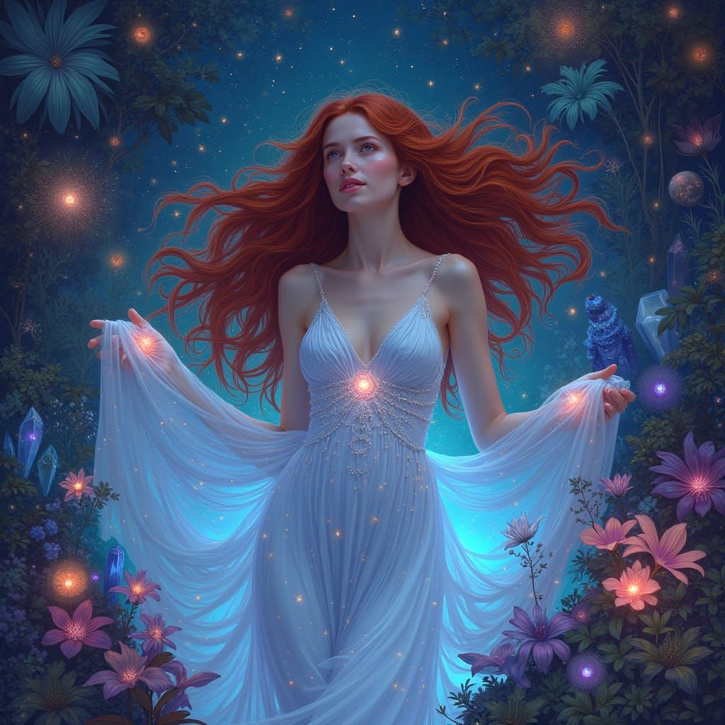 Weightless Beauty in Bioluminescent Garden, Art Nouveau Styl...