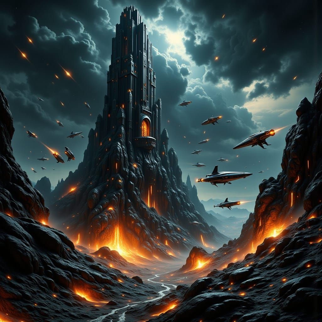 Dystopian Tower Under Drone Attack in Cyberpunk Style