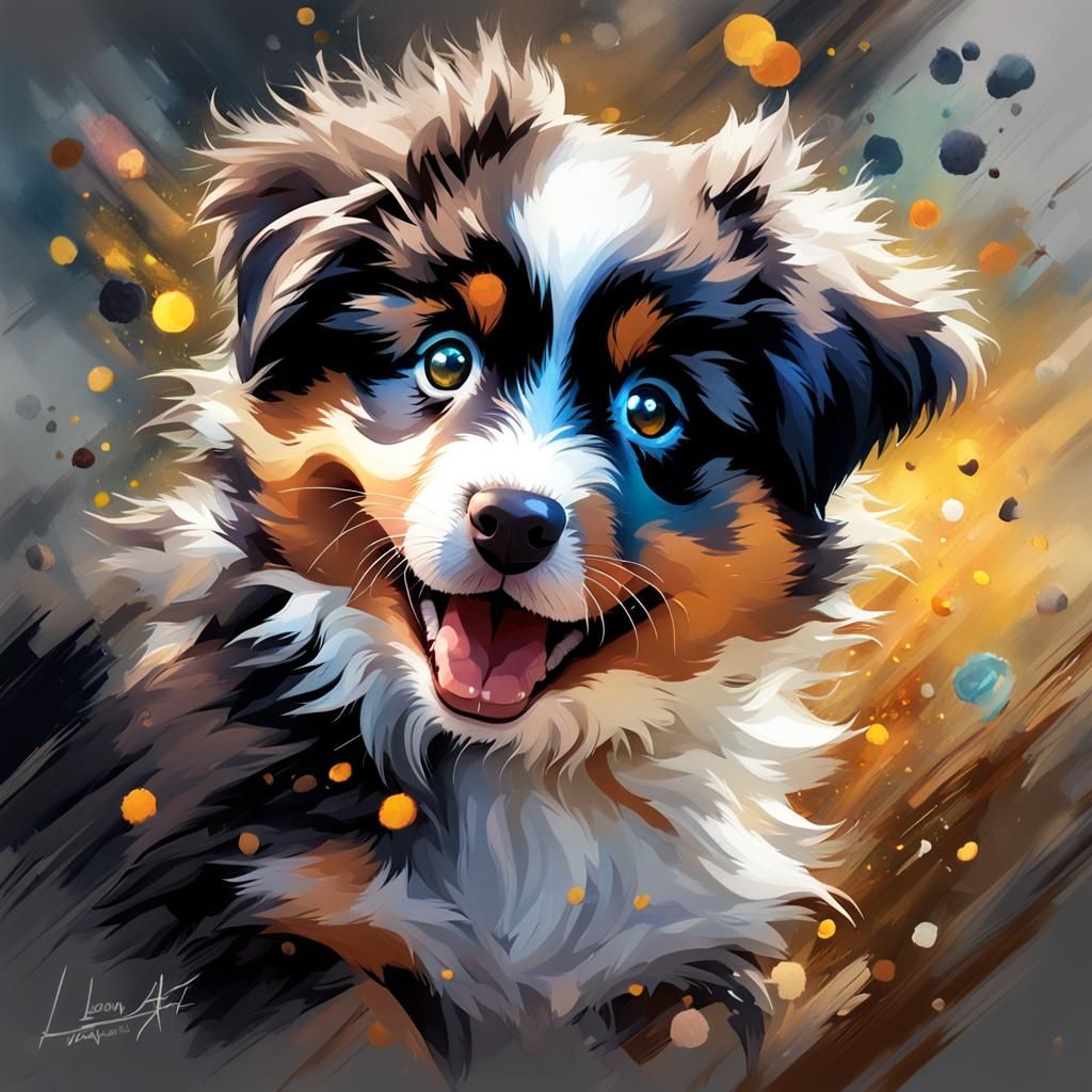 Happy Australian Shepherd Puppy in Colorful Splash Art