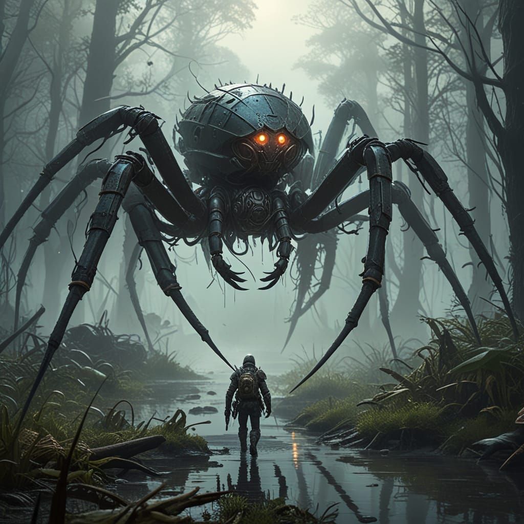 Ethereal Steampunk Warrior Rides Battle Spider Through Alien...