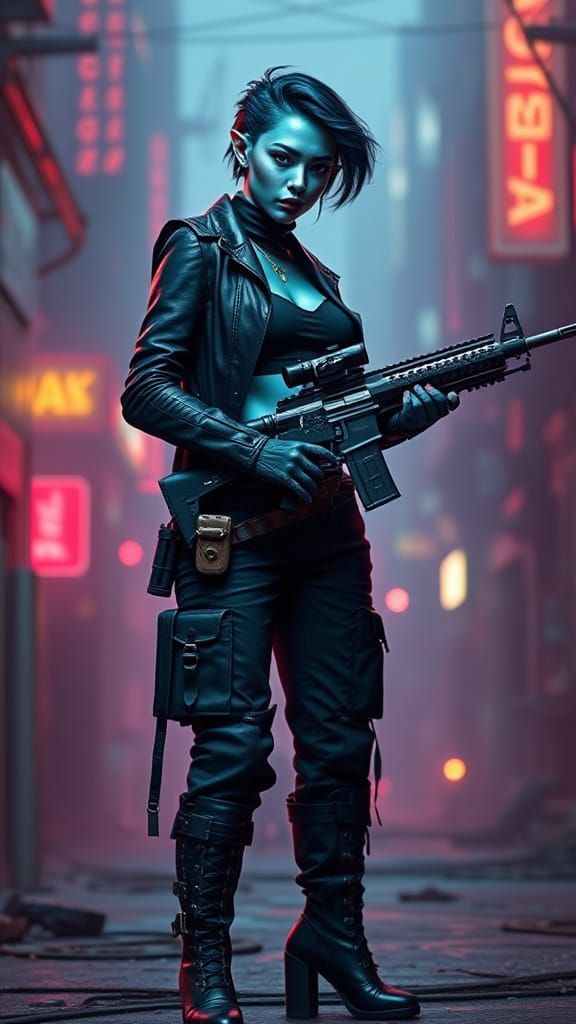 Cyberpunk Elf Warrior with Futuristic Sniper Rifle