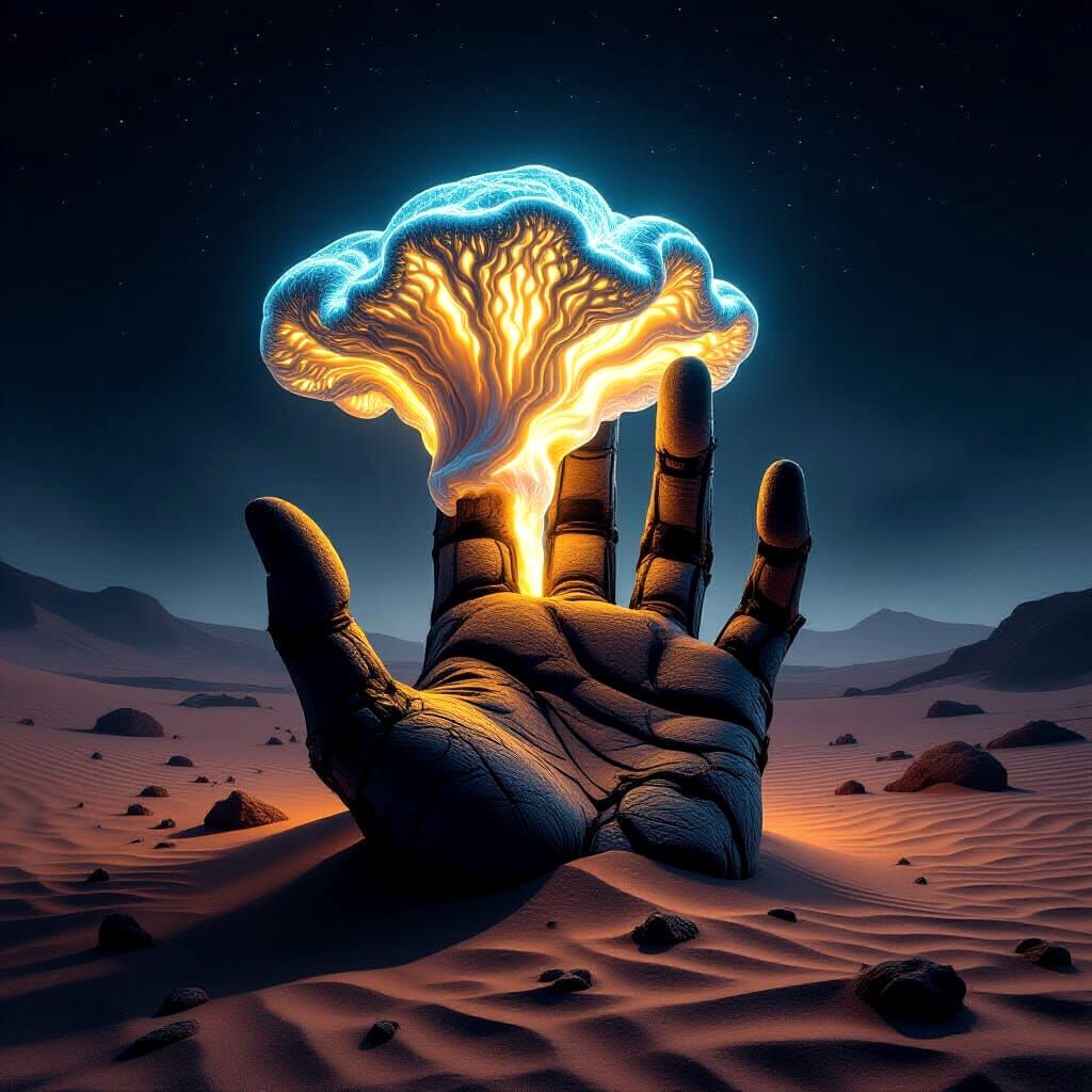Bioluminescent Fungus on Decaying Hand in Martian Desert