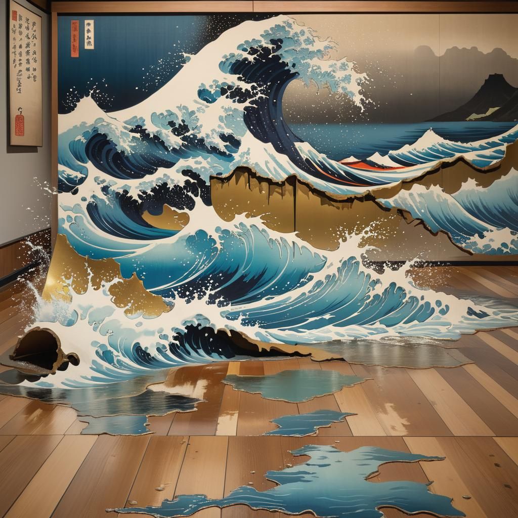 Ukiyo-e Waves Spill from Torn Japanese Painting