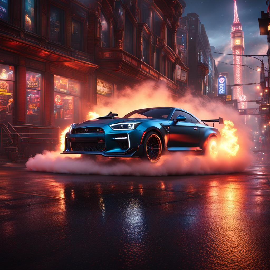 Skyline Burnout in a Fantastical Cityscape