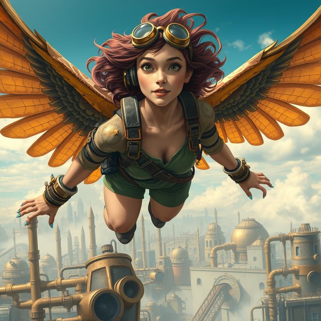 Steampunk Hawk Woman Soaring Over Metropolis