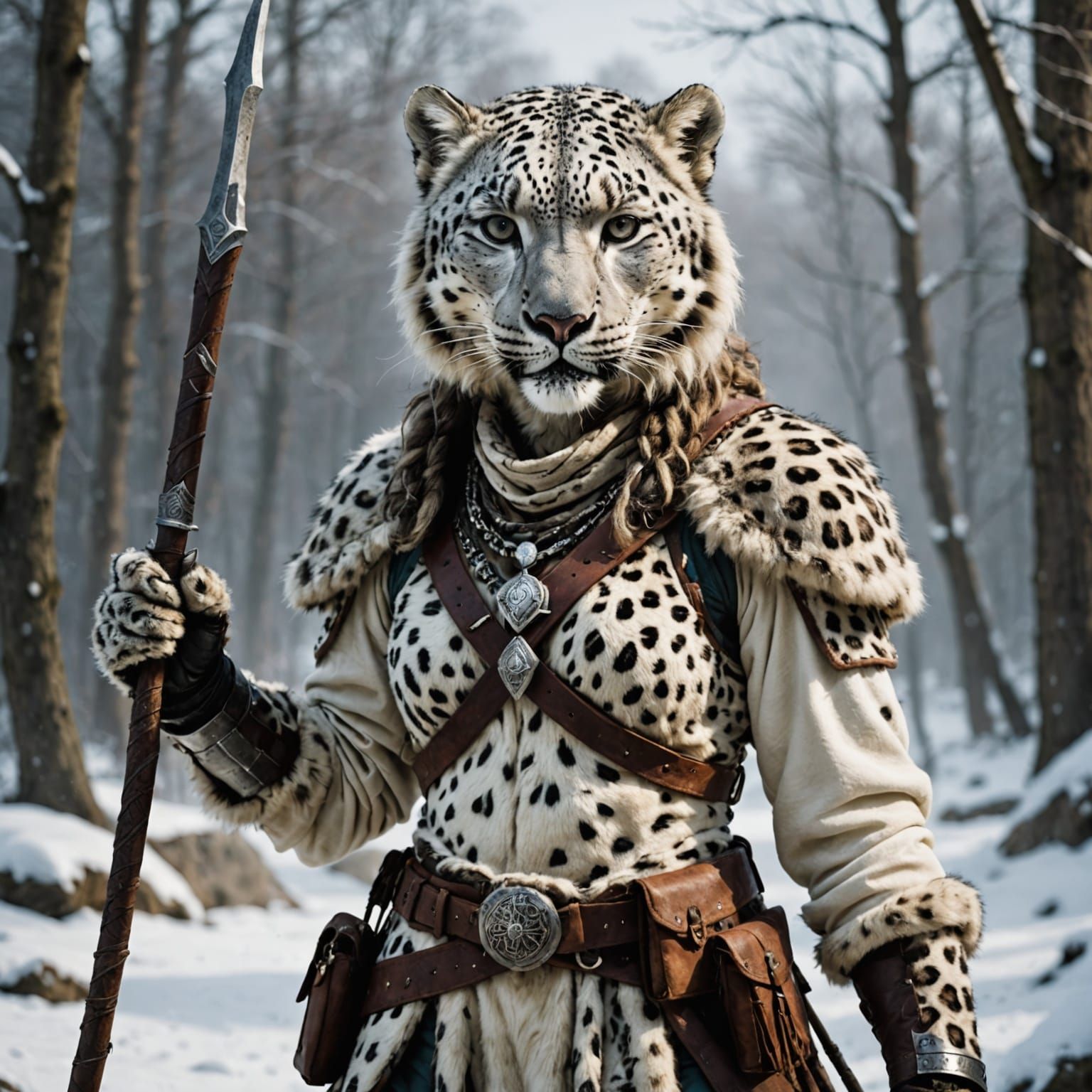 Snow Leopard Hunter in Warm Medieval Garb