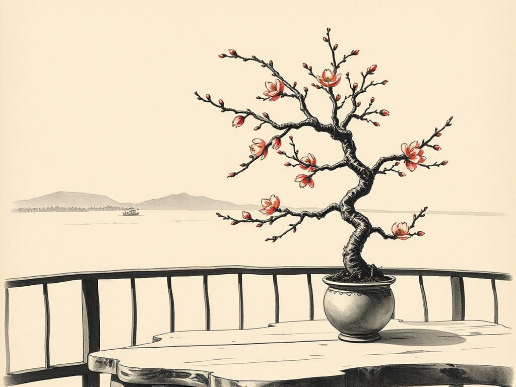 Surreal Chinese Landscape with Blossoming Apple Tree on a Ba...