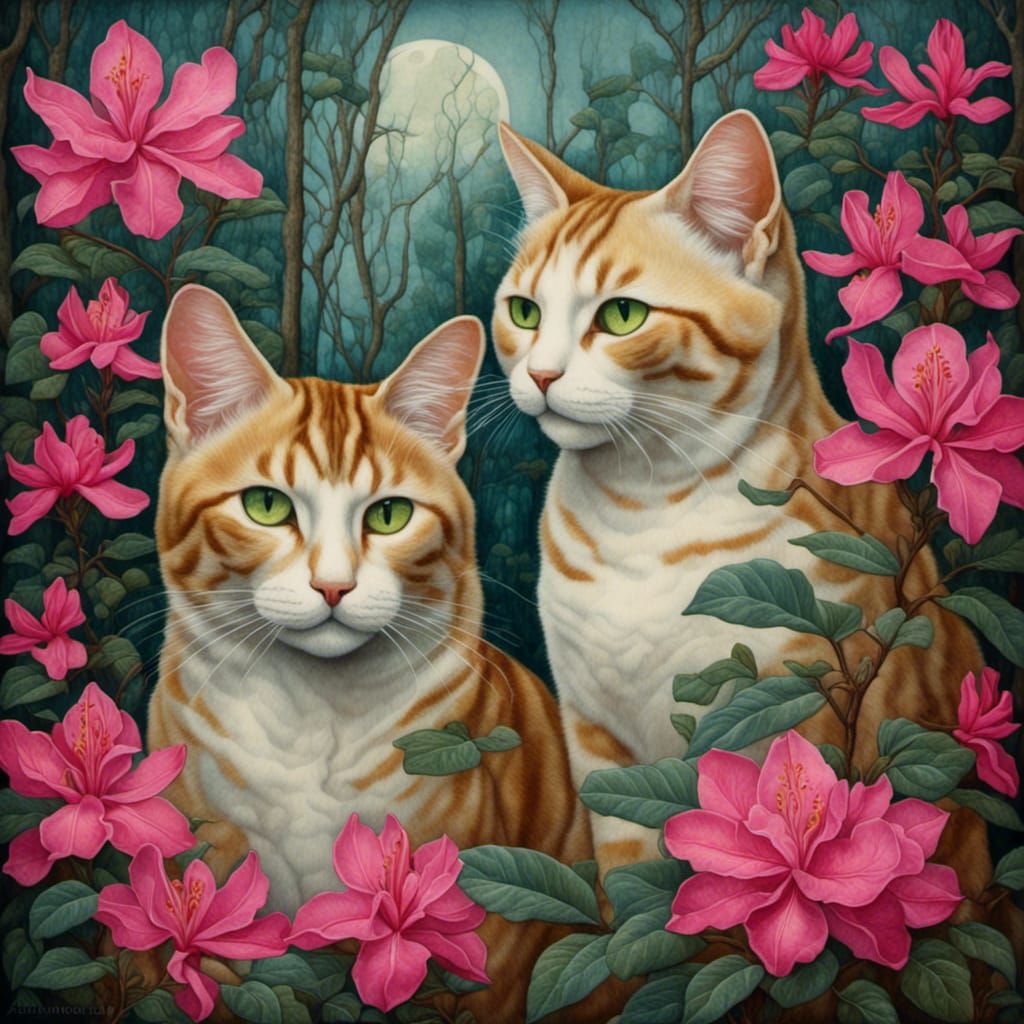 Tabby Cats with Rhododendrons in Watercolor Style
