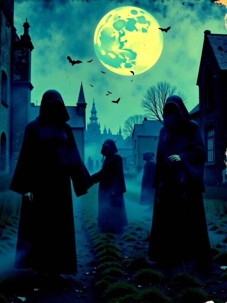 Scary Ghouls in Moonlit Cemetery With Swirling Bats