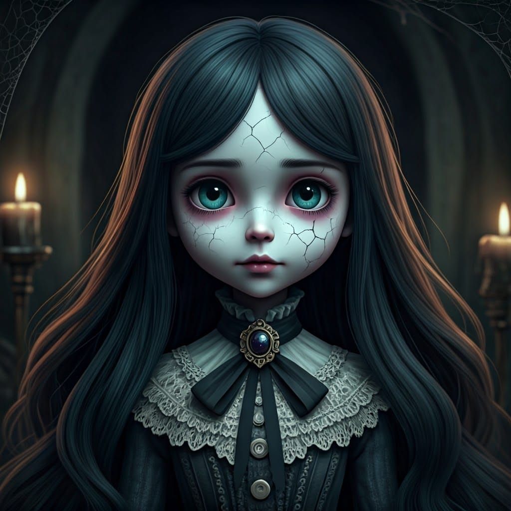 Creepy Victorian Doll in Dimly Lit Victorian Mansion