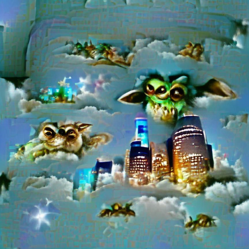 Gremlins in a Bright Sky Cityscape