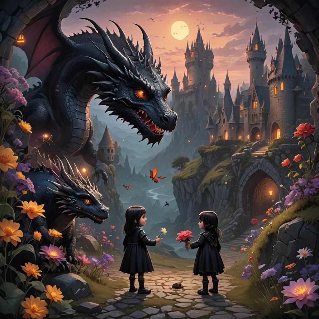 Goth Girl Offers Flowers to Dragon in Forest