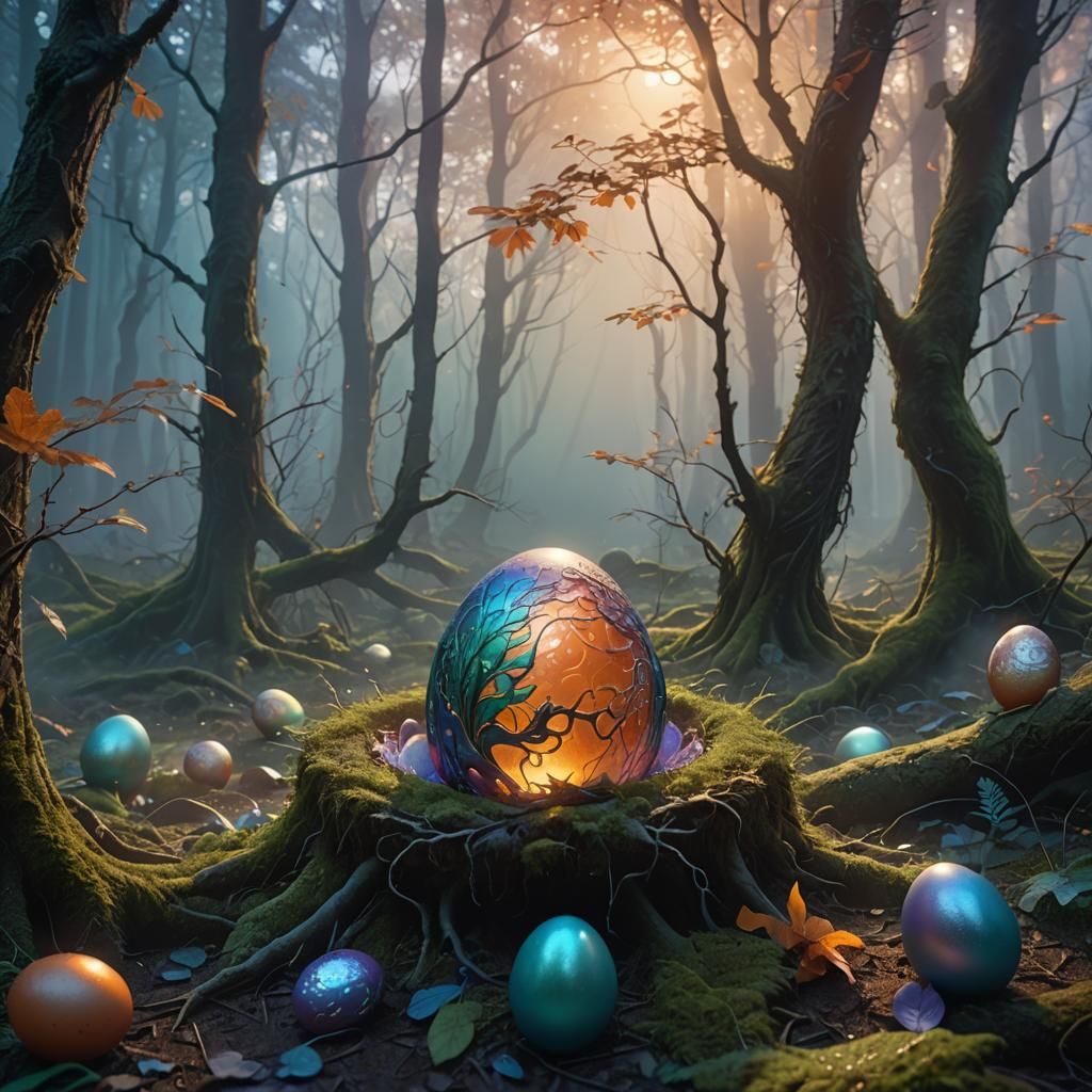 Egg Hatching in Misty Forest: Fantasy Art