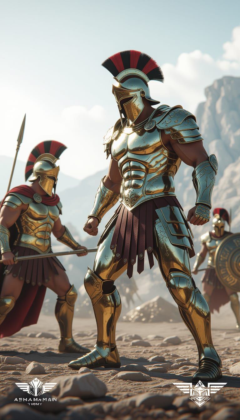 Futuristic Spartan Warrior Battles Crusader in Ruined Landsc...