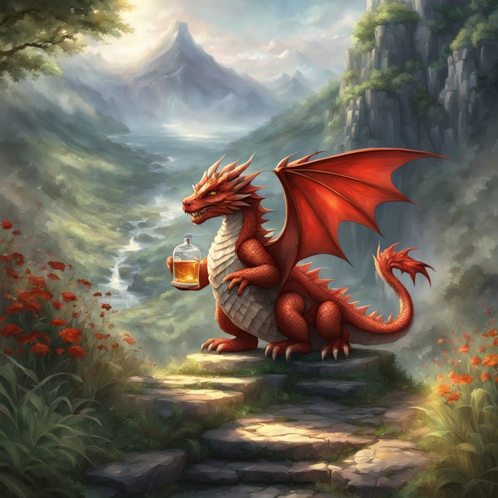 Cute Red Dragon Cradles Whisky Bottle in Storybook Style