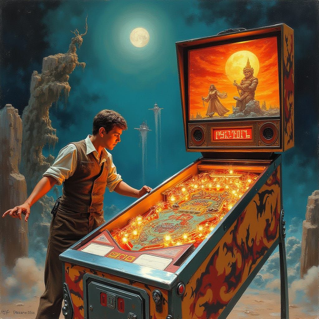 Magical Pinball Machine Art in Frank Frazetta Style