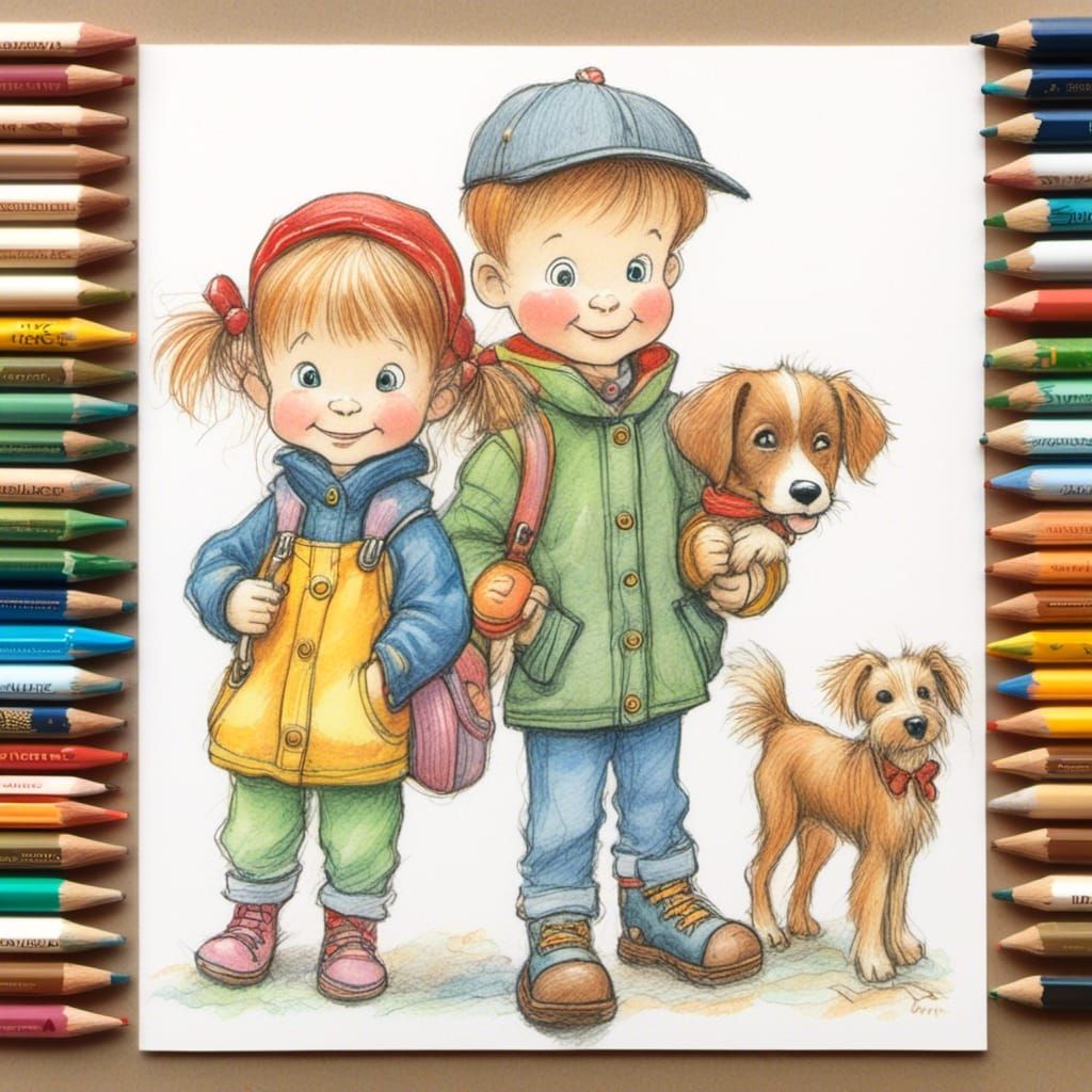 Toddler Siblings and Dog in Children's Book Style