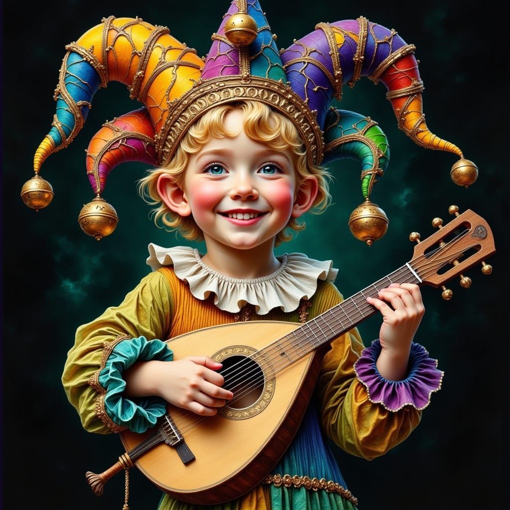 Cheerful Jester Boy Plays Lute in Dark