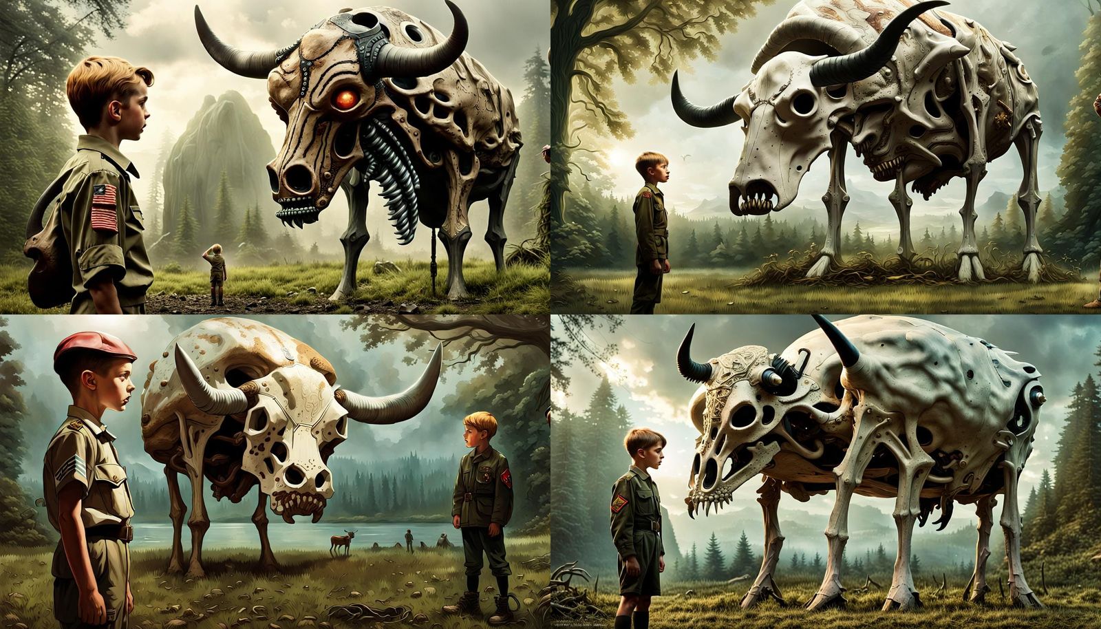 a young boy dressed in wwii Germany youth army uniform standing next to a floating huge mutant elongated cow alien skull...