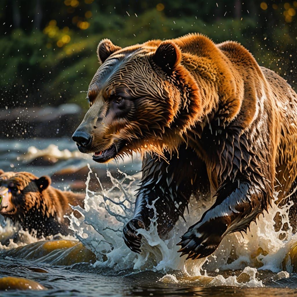 Bears Catching Salmon: Abstract Expressionist Alaskan River