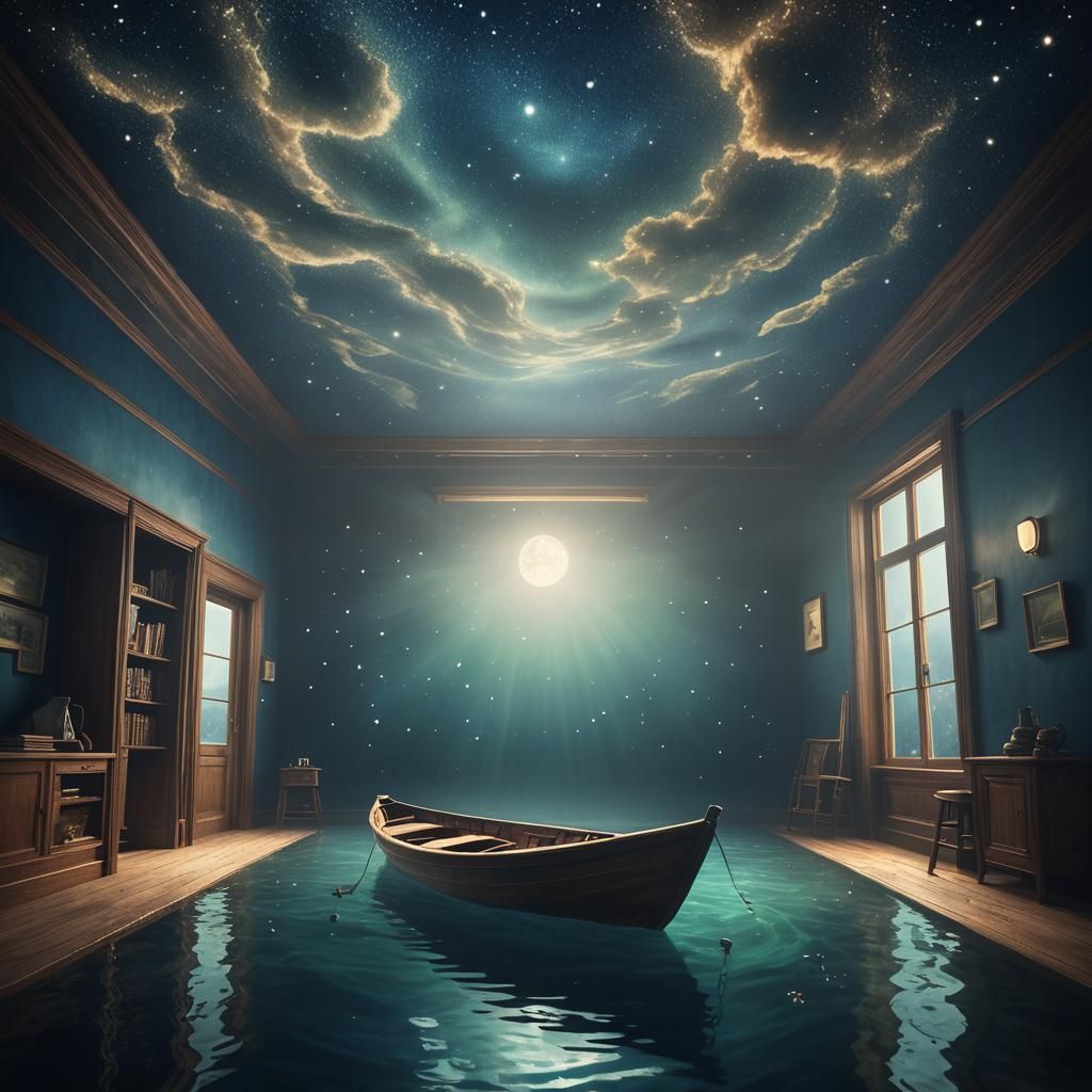 Ocean Room with Starry Sky: Surreal 3D Rendering