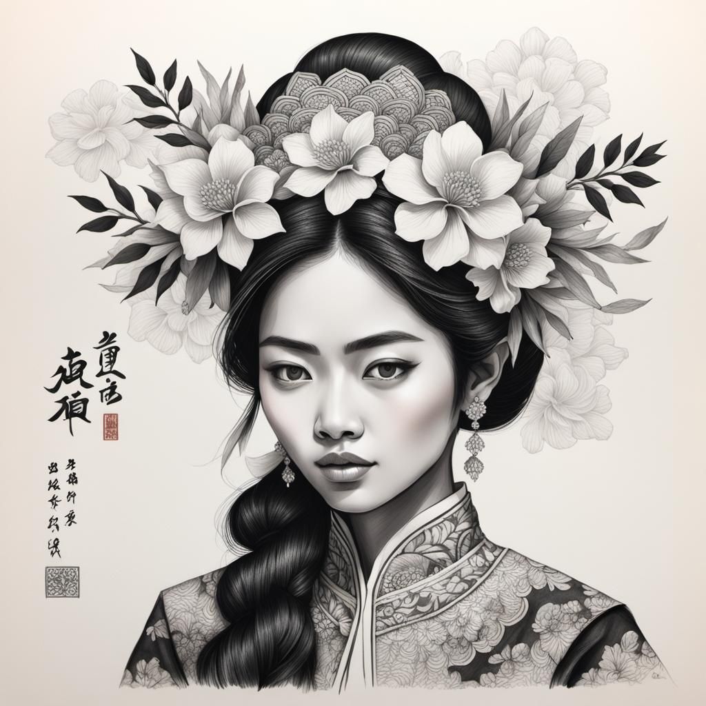 Balinese Woman Portrait in Charcoal, Ukiyo-e Style