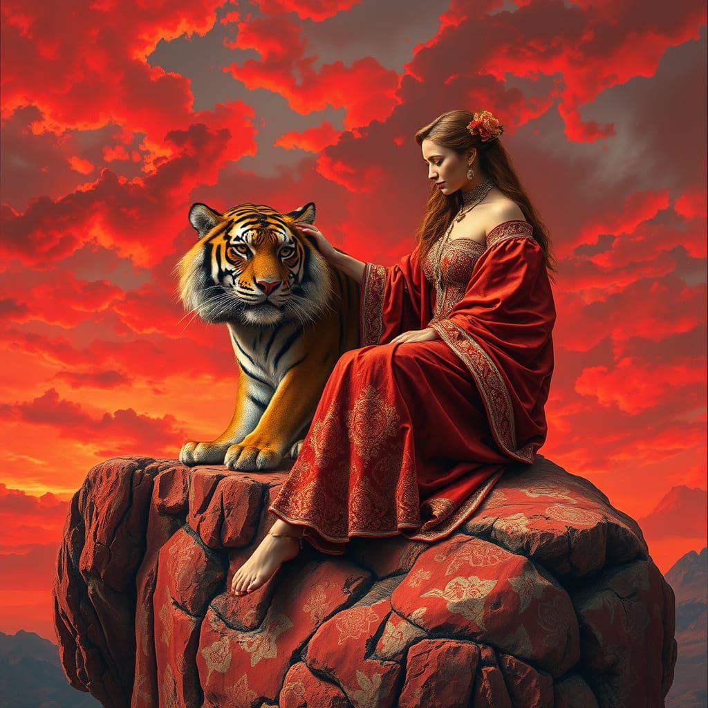 Fire-Red Woman with Tiger in Old Master Style
