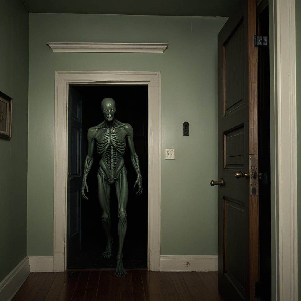 Surreal, Hyper-Realistic, Noir Horror Figure Emerges into Be...