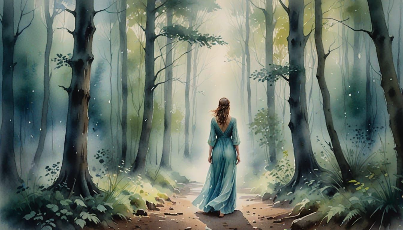 Dreamy Watercolor Forest Scene with a Woman in a Long Dress