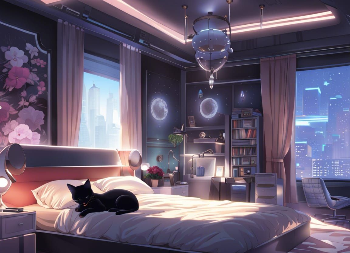 Futuristic Bedroom with Sleeping Kittens in Anime Style