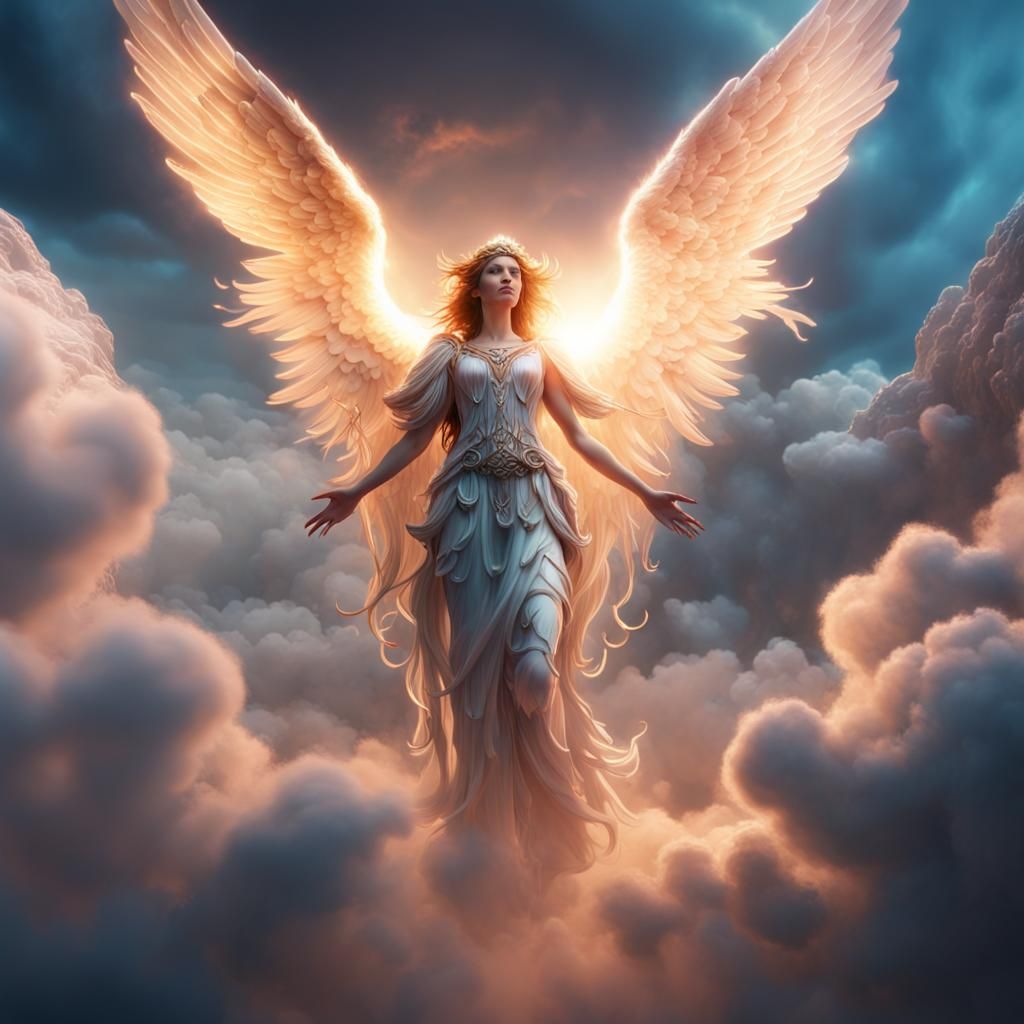 Glowing Angel in Clouds, Detailed 3D Render