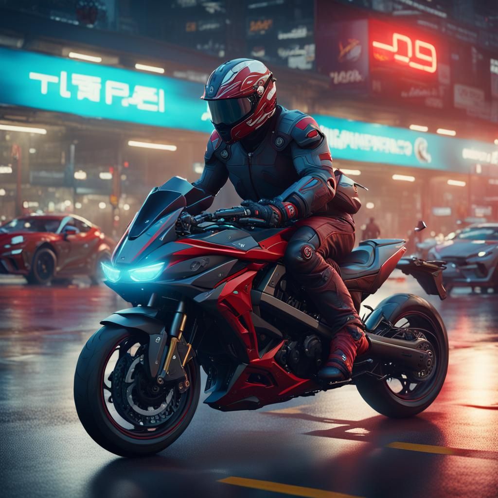 Red Sport bike cruising through downtown