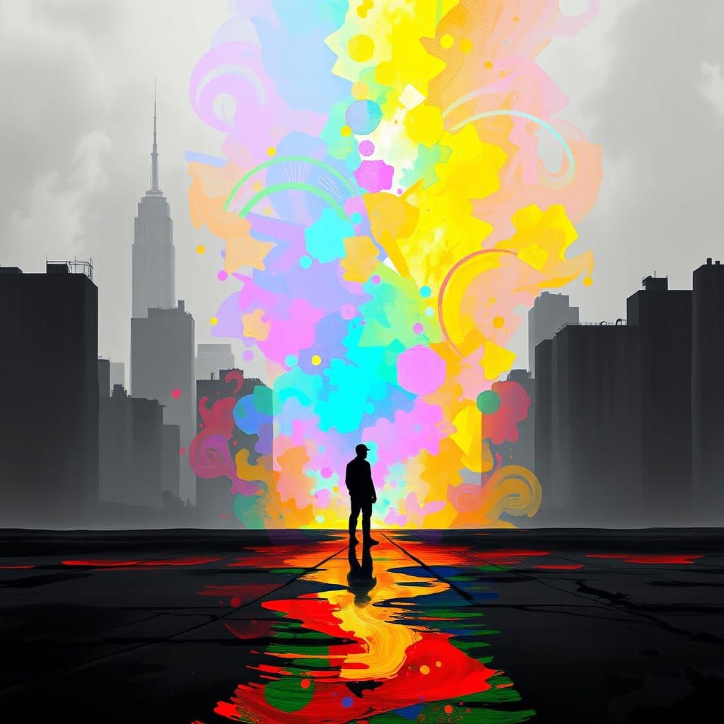 Radiant Figure in Monochromatic Cityscape