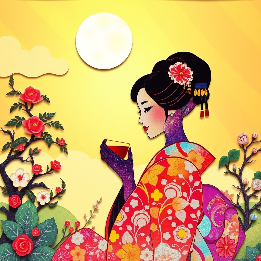 Geisha Drinking Tea in a Vibrant Kirigami Garden