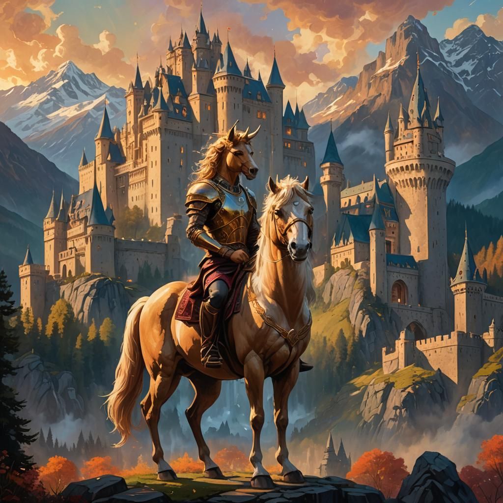 Centaur Guarding a Castle in Fantasy Landscape
