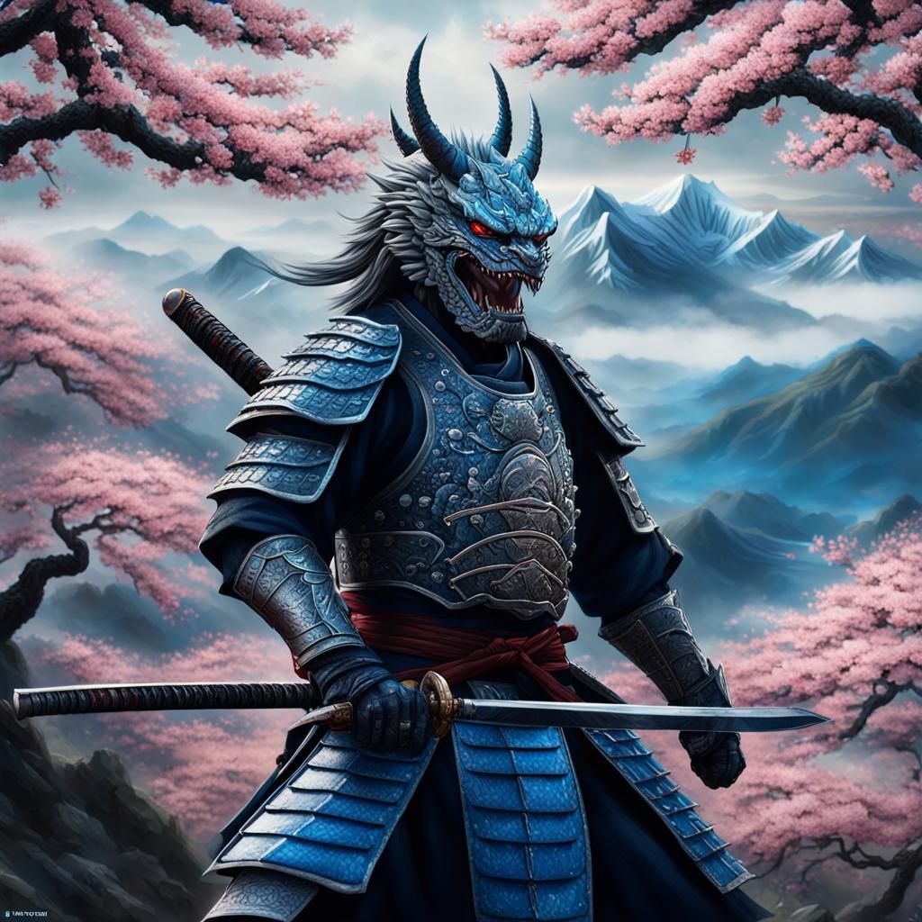 Samurai Confronts Dragon in Epic Mountain Battle