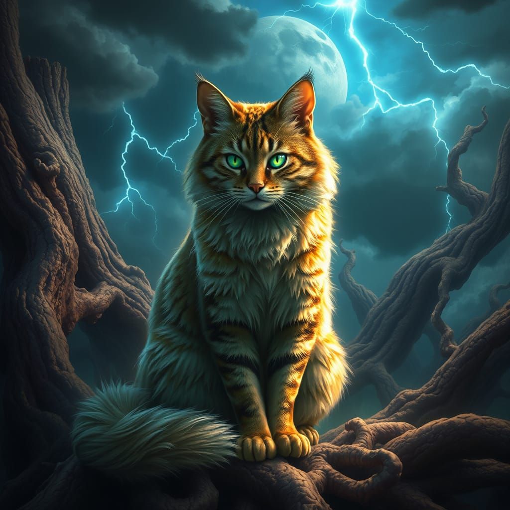 Regal Cat Surrounded by Ancient Tree Roots in a Fantastical ...